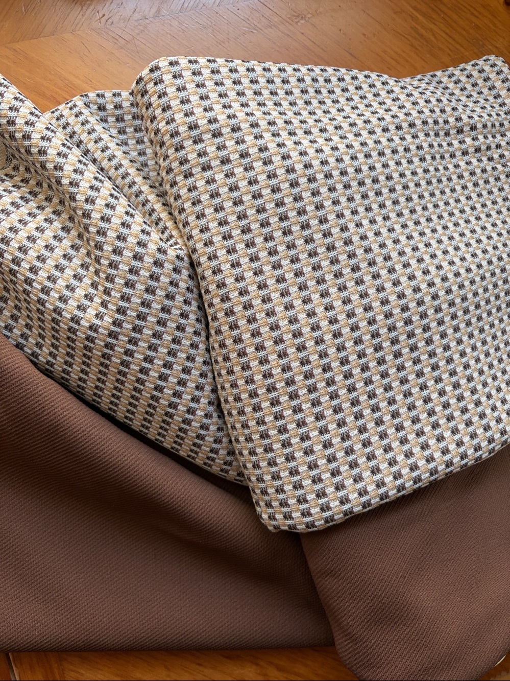 Fabric, 2-Piece Set, Brown Stretch Polyester Suiting, Solid & Plaid